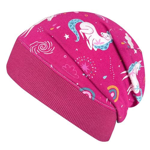 Wollhuhn ÖKO Leichte Weiche Mädchen/Jungen Beanie-Mütze Bündchen Elastisch Übergangszeit/Sommer Jersey Baumwolle (Öko-Stoffe, Bio) (Einhörner Beere, M) von Wollhuhn