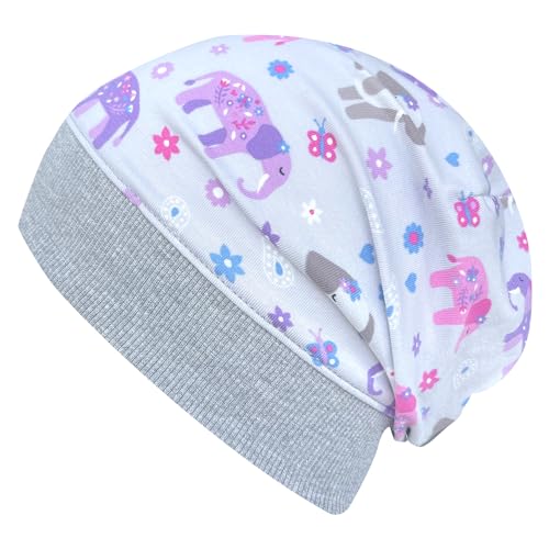 Wollhuhn ÖKO Leichte Weiche Mädchen/Jungen Beanie-Mütze Bündchen Elastisch Übergangszeit/Sommer Jersey Baumwolle (Öko-Stoffe, Bio) (Elefanten/Blumen Grau/Rosa, M) von Wollhuhn