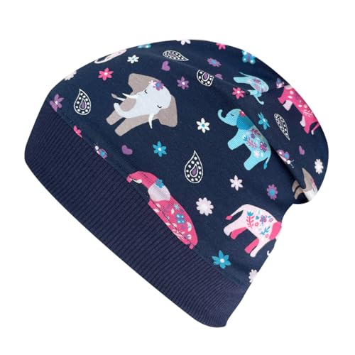 Wollhuhn ÖKO Leichte Weiche Mädchen/Jungen Beanie-Mütze Bündchen Elastisch Übergangszeit/Sommer Jersey Baumwolle (Öko-Stoffe, Bio) (Elefanten Dunkelblau, M) von Wollhuhn