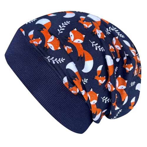 Wollhuhn ÖKO Leichte Weiche Mädchen/Jungen Beanie-Mütze Bündchen Elastisch Übergangszeit/Sommer Jersey Baumwolle (Öko-Stoffe, Bio) (Füchse Dunkelblau, M) von Wollhuhn