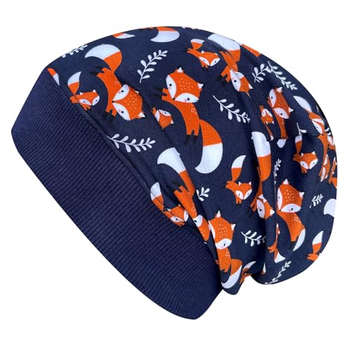 Wollhuhn ÖKO Leichte Mädchen/Jungen Beanie-Mütze Bündchen Elastisch Übergangszeit/Sommer Kinder-Mütze Baumwolle (Öko-Stoffe, Bio) 22222235 (Füchse Dunkelblau, M) von Wollhuhn