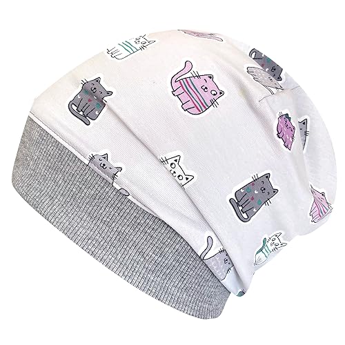 Wollhuhn ÖKO Leichte Weiche Mädchen/Jungen Beanie-Mütze Bündchen Elastisch Übergangszeit/Sommer Jersey Baumwolle (Öko-Stoffe, Bio) (Katzen Grau/Flieder, M) von Wollhuhn