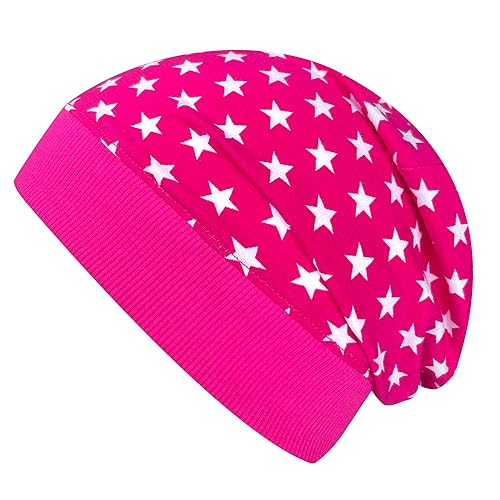 Wollhuhn ÖKO Leichte Weiche Mädchen/Jungen Beanie-Mütze Bündchen Elastisch Übergangszeit/Sommer Jersey Baumwolle (Öko-Stoffe, Bio) (Ministernchen Pink-Weiß, S) von Wollhuhn