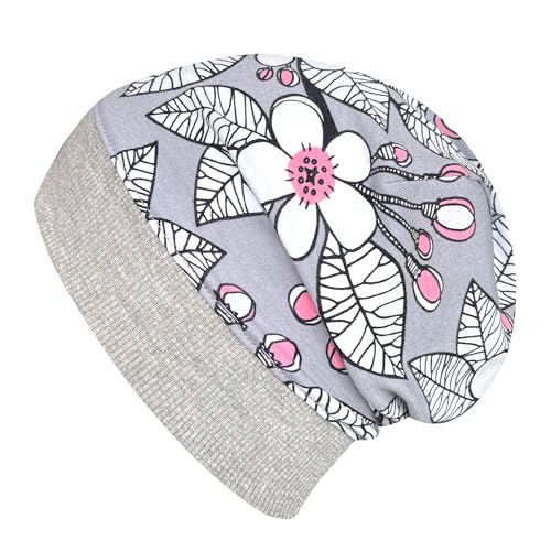 Wollhuhn ÖKO Leichte Weiche Mädchen/Jungen Beanie-Mütze Bündchen Elastisch Übergangszeit/Sommer Jersey Baumwolle (Öko-Stoffe, Bio) (Sakura Grau-Rosa, M) von Wollhuhn