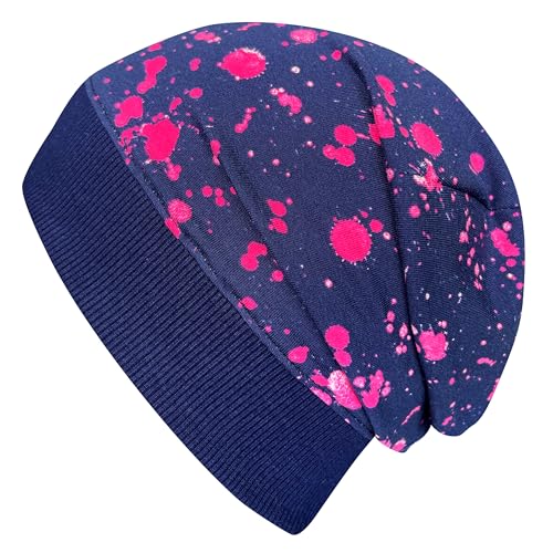 Wollhuhn ÖKO Leichte Weiche Mädchen/Jungen Beanie-Mütze Bündchen Elastisch Übergangszeit/Sommer Jersey Baumwolle (Öko-Stoffe, Bio) (Splash Dunkelblau/Pink, S) von Wollhuhn