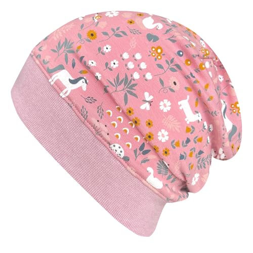 Wollhuhn ÖKO Leichte Weiche Mädchen/Jungen Beanie-Mütze Bündchen Elastisch Übergangszeit/Sommer Jersey Baumwolle (Öko-Stoffe, Bio) (Pony/Pferde Altrosa, XS) von Wollhuhn