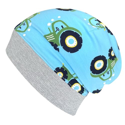 Wollhuhn ÖKO Leichte Weiche Mädchen/Jungen Beanie-Mütze Trecker/Traktor Bündchen Elastisch Übergangszeit/Sommer Jersey Baumwolle (Öko-Stoffe, Bio) (Maxi Trecker Hellblau, M) von Wollhuhn