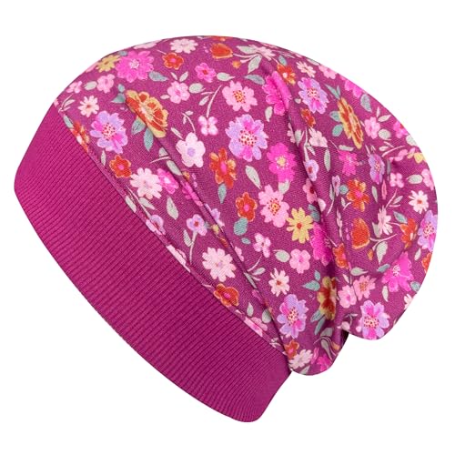 Wollhuhn ÖKO Leichte Weiche Mädchen/Kinder Beanie-Mütze Bündchen Elastisch Übergangszeit/Sommer Jersey Baumwolle (Öko-Stoffe, Bio) (Blumen Beere, M) 20150225 von Wollhuhn