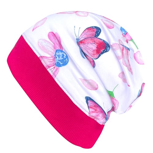 Wollhuhn ÖKO Leichte Weiche Mädchen/Kinder Beanie-Mütze Bündchen Elastisch Übergangszeit/Sommer Jersey Baumwolle (Öko-Stoffe, Bio) (Schmetterlinge Weiß/Beere, S) 20150225 von Wollhuhn