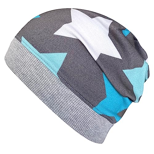 Wollhuhn ÖKO Leichte Weiche Mädchen/Kinder Beanie-Mütze Kinder-Mütze Bündchen Elastisch Übergangszeit/Sommer Jersey Baumwolle (Öko-Stoffe, Bio) (Big Stars Grau/Blau, M) 20150225 von Wollhuhn