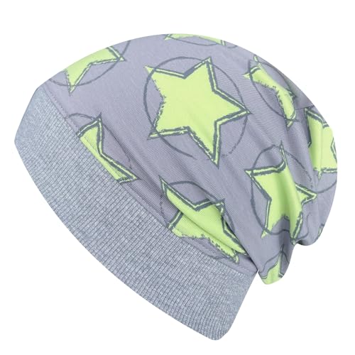 Wollhuhn ÖKO Leichte Weiche Mädchen/Kinder Beanie-Mütze Kinder-Mütze Bündchen Elastisch Übergangszeit/Sommer Jersey Baumwolle (Öko-Stoffe, Bio) (Circle Stars Grau/Grün, M) von Wollhuhn