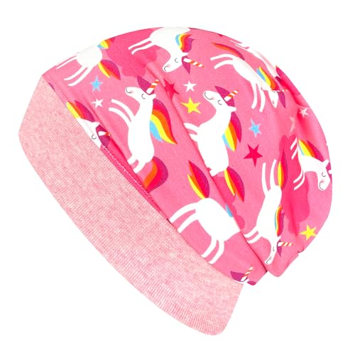 Wollhuhn ÖKO Leichte Weiche Mädchen/Kinder Beanie-Mütze Kinder-Mütze Bündchen Elastisch Übergangszeit/Sommer Jersey Baumwolle (Öko-Stoffe, Bio) (Happy Unicorn/Einhorn Rosa, M) 20150225 von Wollhuhn