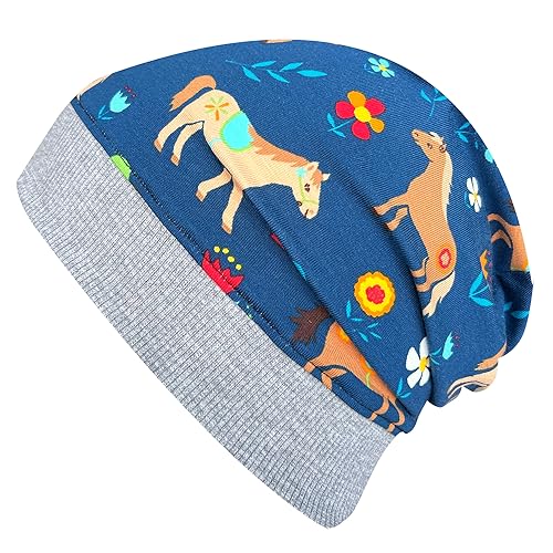 Wollhuhn ÖKO Leichte Weiche Mädchen/Kinder Beanie-Mütze Kinder-Mütze Bündchen Elastisch Übergangszeit/Sommer Jersey Baumwolle (Öko-Stoffe, Bio) (Pony/Pferde Jeansblau/Grau, M) von Wollhuhn