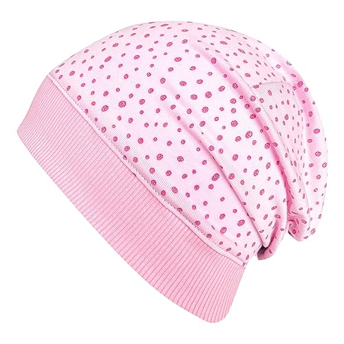 Wollhuhn ÖKO Leichte Weiche Mädchen/Kinder Beanie-Mütze Kinder-Mütze Bündchen Elastisch Übergangszeit/Sommer Jersey Baumwolle (Öko-Stoffe, Bio) (Pünktchen Glitzer Rosa, M) von Wollhuhn