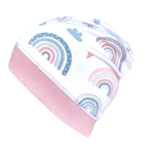 Wollhuhn ÖKO Leichte Weiche Mädchen/Kinder Beanie-Mütze Kinder-Mütze Bündchen Elastisch Übergangszeit/Sommer Jersey Baumwolle (Öko-Stoffe, Bio) (Regenbogen Weiß/Bunt, M) von Wollhuhn