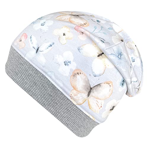 Wollhuhn ÖKO Leichte Weiche Mädchen/Kinder Beanie-Mütze Kinder-Mütze Bündchen Elastisch Übergangszeit/Sommer Jersey Baumwolle (Öko-Stoffe, Bio) (Schmetterlinge Zartblau/Grau, M) von Wollhuhn