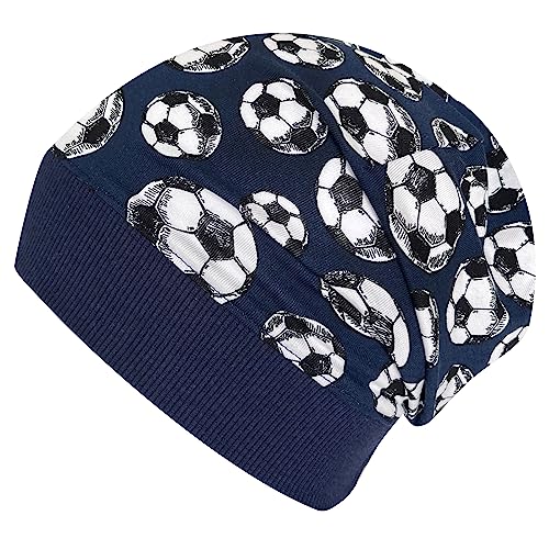 Wollhuhn ÖKO Leichte Mädchen/Jungen Beanie-Mütze Bündchen Elastisch Übergangszeit/Sommer Kinder-Mütze Baumwolle (Öko-Stoffe, Bio) 22222235 (Fußball Dunkelblau, L) von Wollhuhn