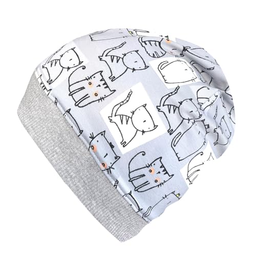 Wollhuhn ÖKO Leichte Weiche Mädchen Beanie-Mütze Elastisches Bündchen (aus Öko-Stoffen, Bio) 22222222 (Katzen Grau, XS) von Wollhuhn