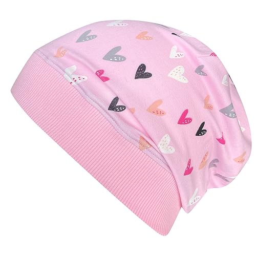 Wollhuhn ÖKO Leichte Weiche Mädchen Beanie-Mütze Elastisches Bündchen Übergangszeiten/Sommer Jersey Baumwolle (Herzen Rosa, M) von Wollhuhn