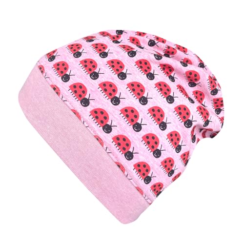 Wollhuhn ÖKO Leichte Weiche Mädchen/Jungen Beanie-Mütze Bündchen Elastisch Übergangszeit/Sommer Jersey Baumwolle (Öko-Stoffe, Bio) (Käferle Rosa, XS) von Wollhuhn