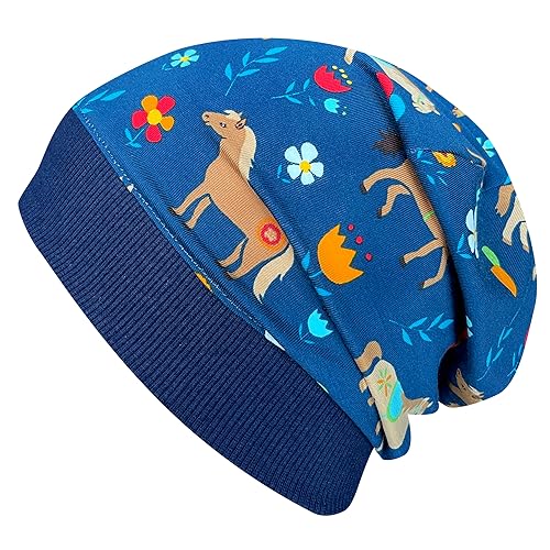 Wollhuhn ÖKO Leichte Weiche Mädchen Beanie-Mütze Elastisches Bündchen Übergangszeiten/Sommer Jersey Baumwolle (Pony/Pferde Blau, M) von Wollhuhn