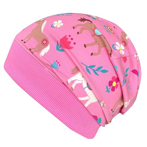 Wollhuhn ÖKO Leichte Weiche Mädchen Beanie-Mütze Elastisches Bündchen Übergangszeiten/Sommer Jersey Baumwolle (Pony/Pferde Rosa, M) von Wollhuhn