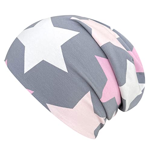 Wollhuhn ÖKO Long-Beanie, Wende-Mütze, ganzjährig, Big Stars grau/rosa/pink, Innenseite Uni grau, für Mädchen, 20150715, Größe M: KU 52/54 (ca 3-7 Jahre) von Wollhuhn