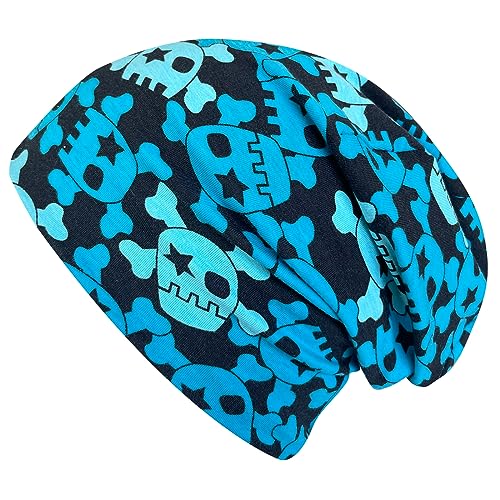 Wollhuhn ÖKO Long-Beanie, Wende-Mütze, ganzjährig, Coole Skulls blau/schwarz, Innenseite Uni grau, für Mädchen und Jungen (aus Öko-Stoffen, Bio) 20160212, Gr S: KU 48/50 (ca 1-3 Jahre) von Wollhuhn