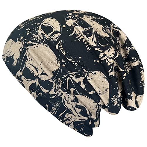 Wollhuhn ÖKO Jungen/Mädchen Bequeme Weiche Long Beanie/Mütze/Beanie-Mütze/Strickmütze/Kindermütze Jersey Gefüttert Übergangszeiten (Öko-Stoffe/Bio) 20220620 (Skull Taupe/Schwarz, L) von Wollhuhn