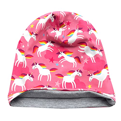 Wollhuhn ÖKO Jungen/Mädchen Bequeme Weiche Long Beanie/Mütze/Beanie-Mütze/Strickmütze/Kindermütze Jersey Gefüttert Übergangszeiten (Öko-Stoffe/Bio)… (Happy Unicorn/Einhörner Pink/Rosa, M) von Wollhuhn