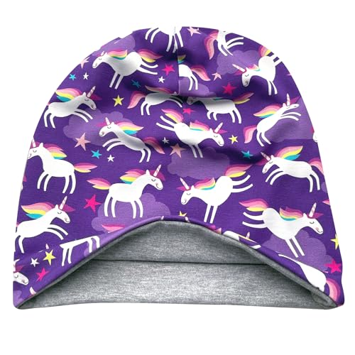 Wollhuhn ÖKO Jungen/Mädchen Bequeme Weiche Long Beanie/Mütze/Beanie-Mütze/Strickmütze/Kindermütze Jersey Gefüttert Übergangszeiten (Öko-Stoffe/Bio)… (Happy Unicorn/Einhörner Violett, L) von Wollhuhn