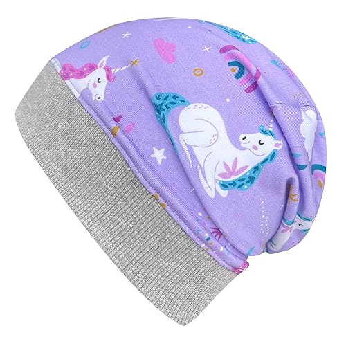 Wollhuhn ÖKO Leichte Weiche Mädchen/Jungen Beanie-Mütze Bündchen Elastisch Übergangszeit/Sommer Jersey Baumwolle (Öko-Stoffe, Bio) (Einhörner Flieder, M) von Wollhuhn