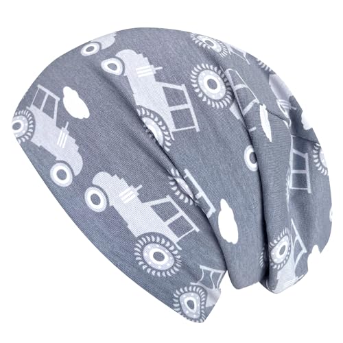 Wollhuhn ÖKO Jungen/Mädchen Bequeme Weiche Long Beanie/Mütze/Beanie-Mütze/Strickmütze/Kindermütze Jersey Gefüttert Übergangszeiten (Öko-Stoffe/Bio) (LB Traktor/Trecker Grautöne, M) von Wollhuhn