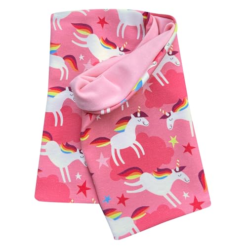 Wollhuhn Öko Leichter Jungen/Mädchen Jersey Schlupfschal/Halstuch/Loop Baumwolle Viele Motive Sommer/Übergangszeiten 20212030 (Happy Unicorn Rosa) von Wollhuhn