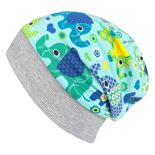 Wollhuhn Öko Warme Kuschelige Winter Jungen/Mädchen Winter Beanie-Mütze Mit Fleecefutter Versch. Motive (aus Öko-Stoffen, Bio) 20220666 (S, Elefanten Blau/Grün) von Wollhuhn