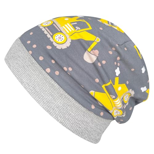 Wollhuhn Öko Warme Kuschelige Winter Jungen/Mädchen Winter Beanie-Mütze Mit Fleecefutter Versch. Motive (aus Öko-Stoffen, Bio) 20220666 (Bagger Grau/Gelb, S) von Wollhuhn