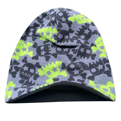Wollhuhn Öko Warme Kuschelige Winter Jungen/Mädchen Winter Beanie-Mütze Mit Fleecefutter Versch. Motive (aus Öko-Stoffen, Bio) 20220666 (Coole Skulls Lime, M) von Wollhuhn