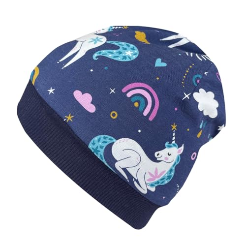 Wollhuhn Öko Warme Kuschelige Winter Jungen/Mädchen Winter Beanie-Mütze Mit Fleecefutter Versch. Motive (aus Öko-Stoffen, Bio) 20220666 (Einhörner Dunkelblau, M) von Wollhuhn