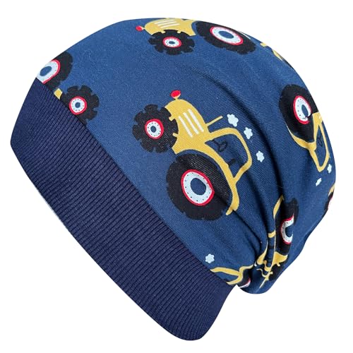 Wollhuhn Öko Warme Kuschelige Winter Jungen/Mädchen Winter Beanie-Mütze Mit Fleecefutter Versch. Motive (aus Öko-Stoffen, Bio) 20220666 (Maxi Traktor/Trecker Dunkelblau/Gelb, M) von Wollhuhn