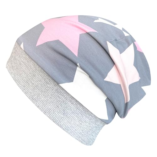 Wollhuhn Öko Warme Kuschelige Winter Jungen/Mädchen Winter Beanie-Mütze Mit Fleecefutter Versch. Motive (aus Öko-Stoffen, Bio) 20220666 (S, Big Stars Grau/Rosa/Pink) von Wollhuhn