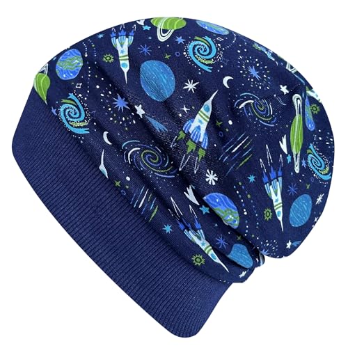 Wollhuhn Öko Warme Kuschelige Winter Jungen/Mädchen Winter Beanie-Mütze Mit Fleecefutter Versch. Motive (aus Öko-Stoffen, Bio) 20220666 (S, Space/Rakete Dunkelblau) von Wollhuhn