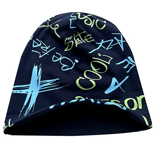 Wollhuhn Öko Warme Kuschelige Winter Jungen/Mädchen Winter Long Beanie Mit Fleecefutter Versch. Motive (aus Öko-Stoffen, Bio) 20220666 (Cool Music Schwarz/Blau/Grün, M) von Wollhuhn