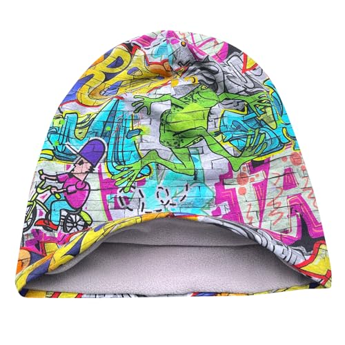 Wollhuhn Öko Warme Winter Jungen/Mädchen/Kinder Long Beanie Mütze Mit Fleecefutter Versch. Motive (aus Öko-Stoffen, Bio) 20220666 (Graffiti Grau/Bunt, L) von Wollhuhn