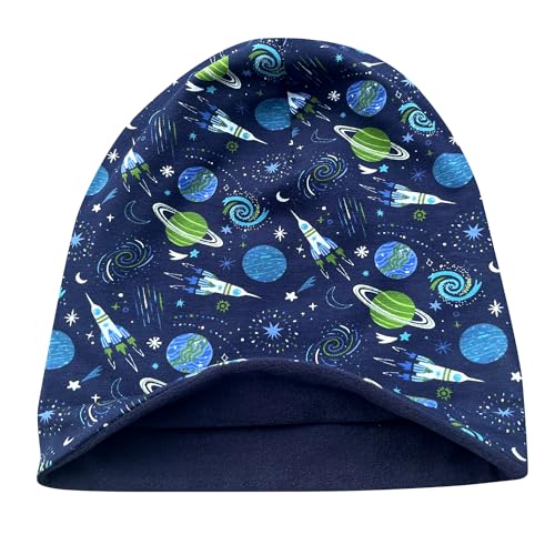 Wollhuhn Öko Warme Winter Jungen/Mädchen/Kinder Long Beanie Mütze Mit Fleecefutter Versch. Motive (aus Öko-Stoffen, Bio) 20220666 (Space/Weltraum Dunkelblau, L) von Wollhuhn