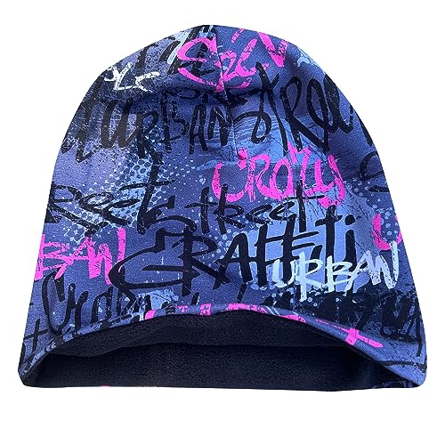 Wollhuhn Öko Warme Winter Jungen/Mädchen/Kinder Winter Long Beanie Mütze Mit Fleecefutter Versch. Motive (aus Öko-Stoffen, Bio) 20220666 (Skater Grau/Pink, L) von Wollhuhn