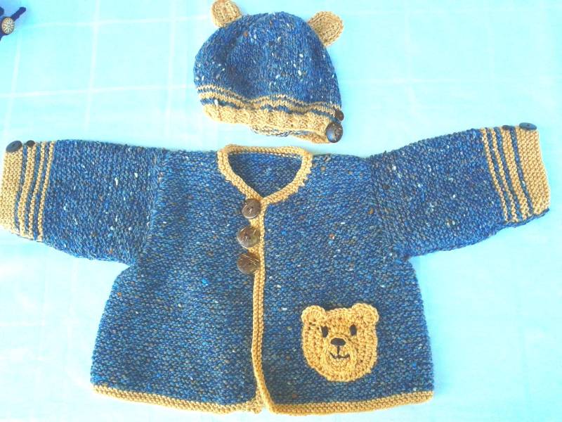 Kinder Trachtenjacke Und Mütze Mit Bär Gr 80/86 Aus Schurwolle Viskose Polyacryl von Wolltilda