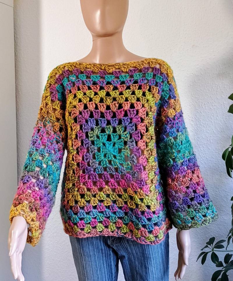 Damenpullover Gestrickt, Gehäkelt Granny-Pullover, Bunter Pullover von Wollzeug