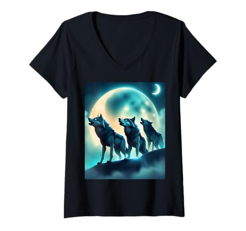 Damen Wölfe heulen bei Nacht auf dem Mond für Wolfsliebhaber T-Shirt mit V-Ausschnitt von Wolves Howling At The Moon Art Spot