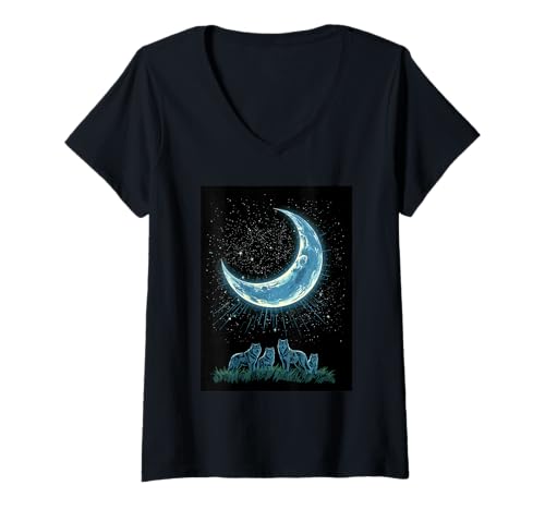 Damen Night Wolves Moon Wilderness Song T-Shirt mit V-Ausschnitt von Wolves Moonlit Night Pack Howling Lunar Shine Star