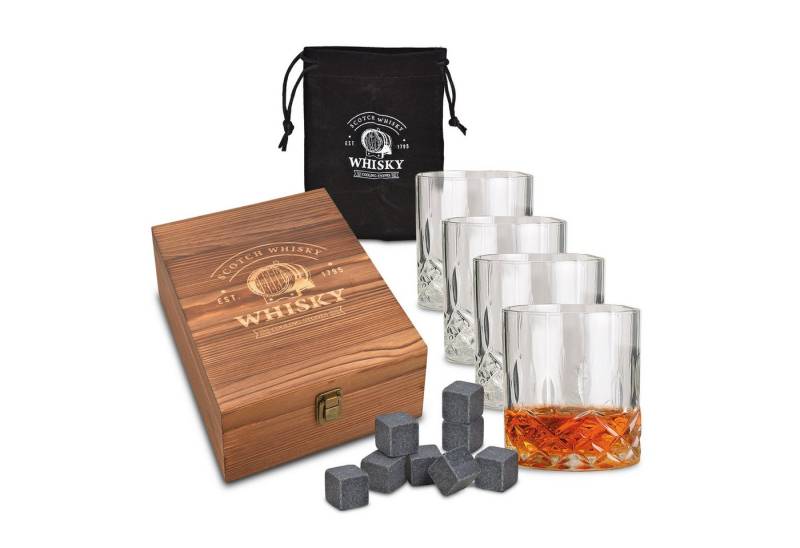 Woma Eiswürfel-Steine Basalt Whisky Steine Geschenk Set in edler Holzbox - 13-teilig, Wiederverwendbare Kühlwürfel mit Trinkglas und Samtbeutel von Woma
